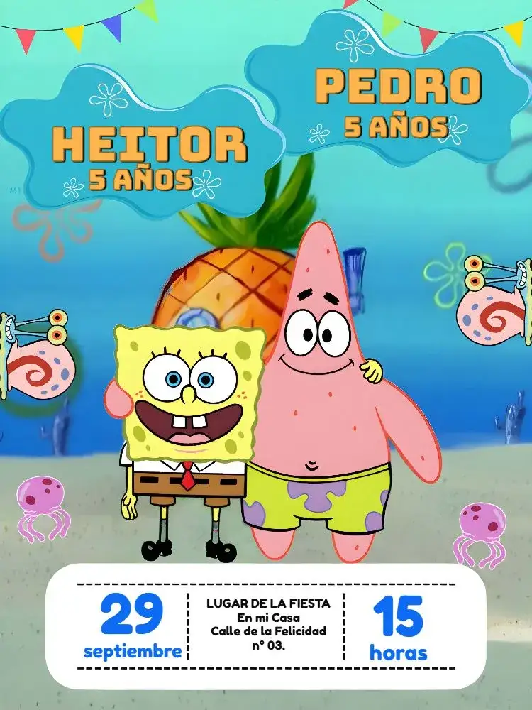 Invitación Doble Bob Esponja y Patricio Cuadrado – tema Más buscados fondo marino, colorido, divertido, infantil, tropical