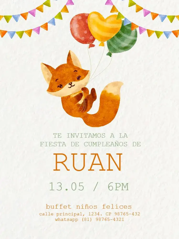 Invitación Zorrito Colorido Acuarela