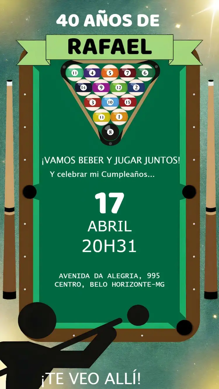 Invitación Pool Table – tema Cumpleaños taberna, juegos, vibrante, moderno, desenfadado, divertido