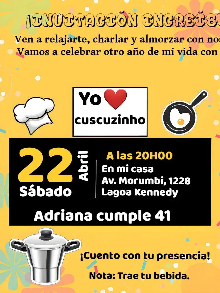 Invitación Cuscuz Amarillo – tema Cumpleaños colorido, moderno, divertido, vibrante, temático