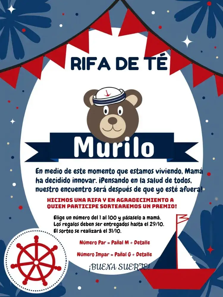 Invitación Té Rifa Osito Marinero Cha – tema Té Rifa Náutico, Infantil, Marinheiro, Ursinho, Cores Vibrantes, Tema Azul e Branco