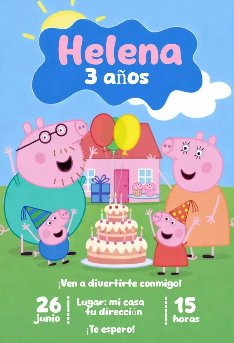 Invitación Peppa Pig 1 – tema Cumpleaños colorido, divertido, infantil, temático, animado, familiar