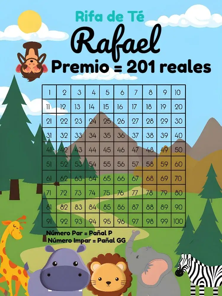 Invitación Té Rifa Safari Jirafita – tema Té Rifa safari, animales de la selva, azul, divertido, infantil, tropical