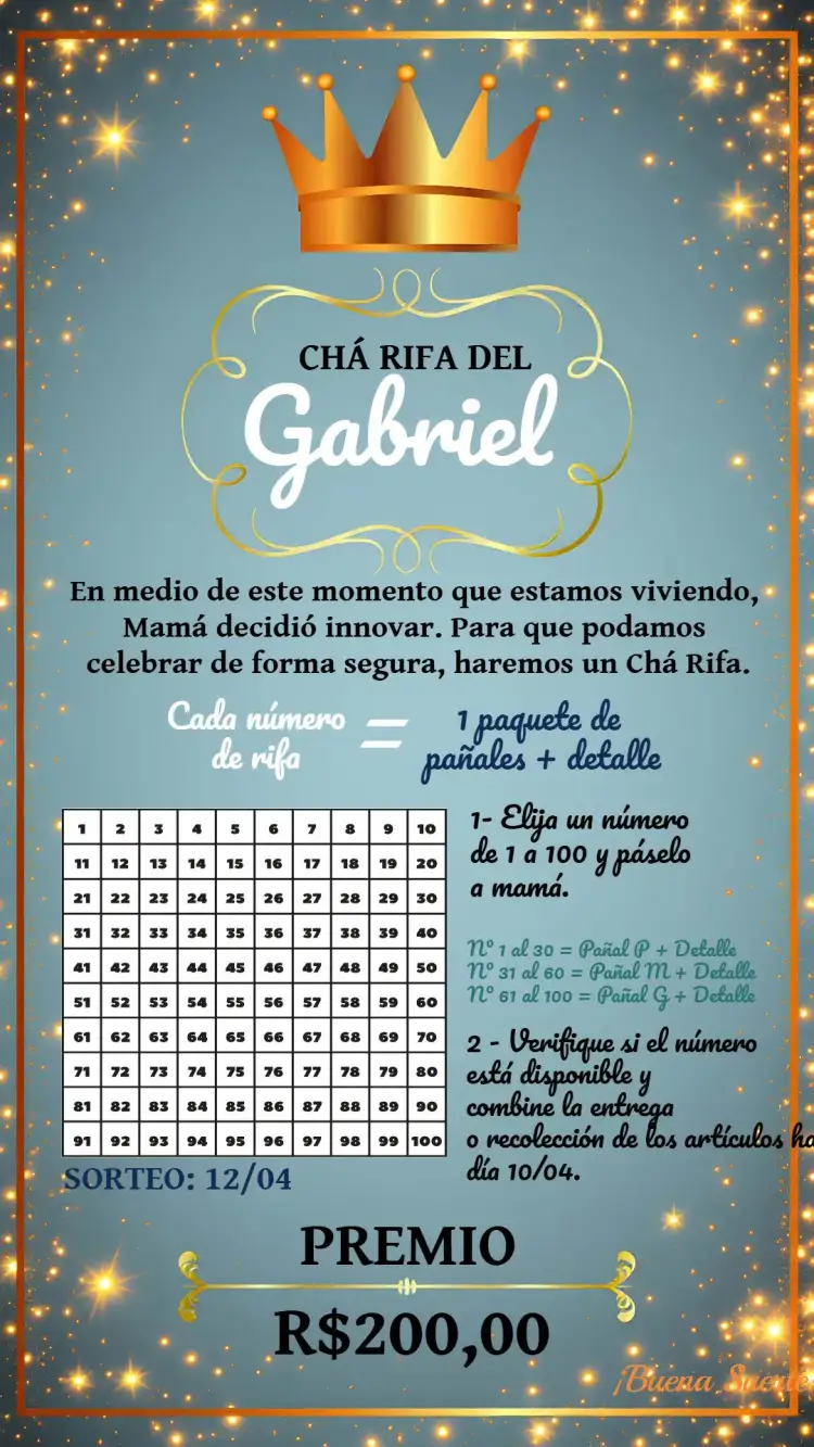 Invitación Té Rifa Osito Príncipe Cha – tema Té Rifa azul, dorado, blanco, oso, príncipe