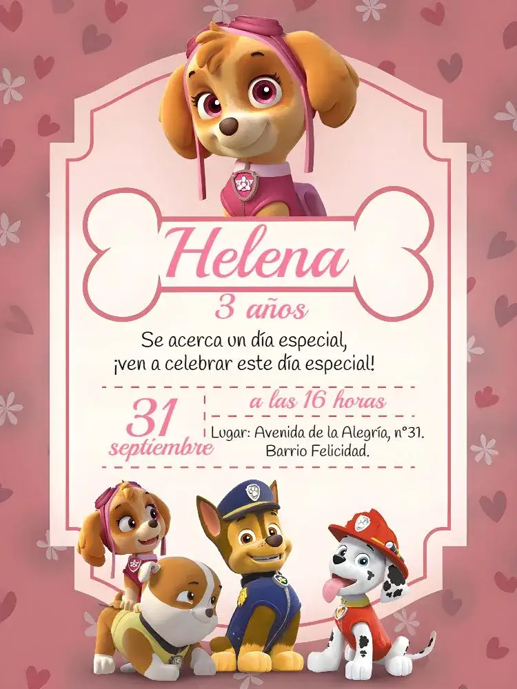 Invitación Skye Patrulla Canina Zuma – tema Cumpleaños Infantil rosa, infantil, temático, colorido, divertido
