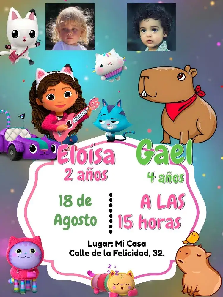 Invitación Doble La Casa Mágica De Gabby Y Capivara Con Foto Niño – tema Cumpleaños Infantil mágico, colorido, divertido, infantil, lúdico, fantasía