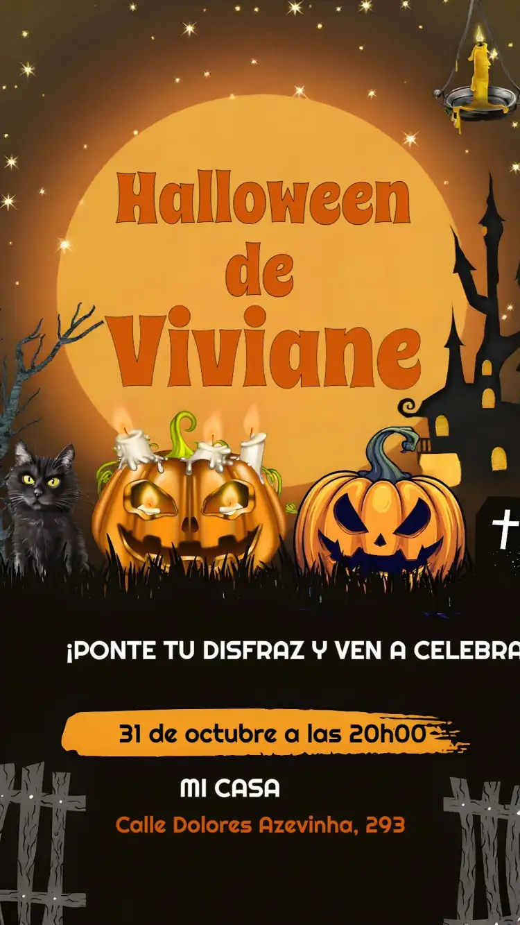 Invitación Halloween Gato – tema Fechas Conmemorativas colores naranja y negro, estilo divertido, elementos gráficos de Halloween, diseño moderno, ilustraciones de gatos, ambiente festivo