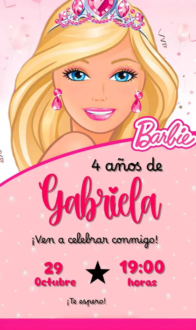 Invitación Barbie – tema Cumpleaños Infantil rosa, brillo, fantasía, moderno, divertido