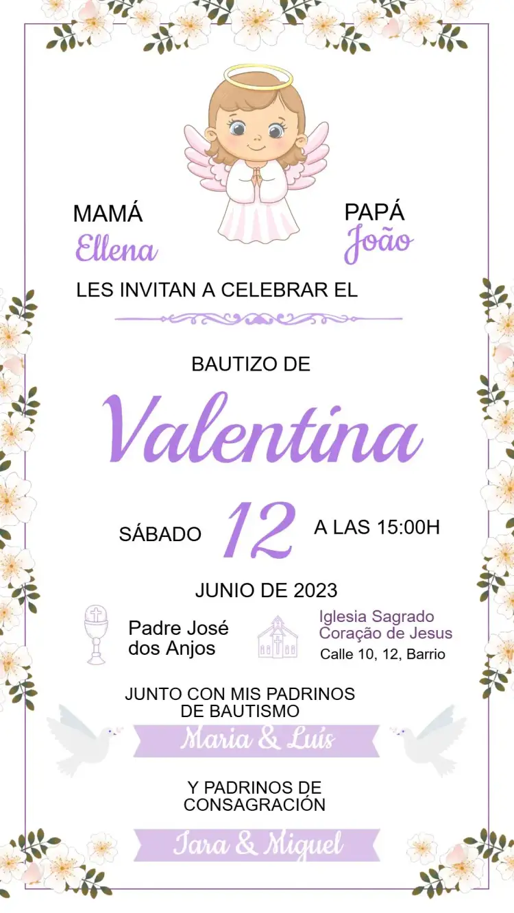 Invitación Invitación de Bautizo – tema Bautismo floral, minimalista, pastel, dorado, moderno