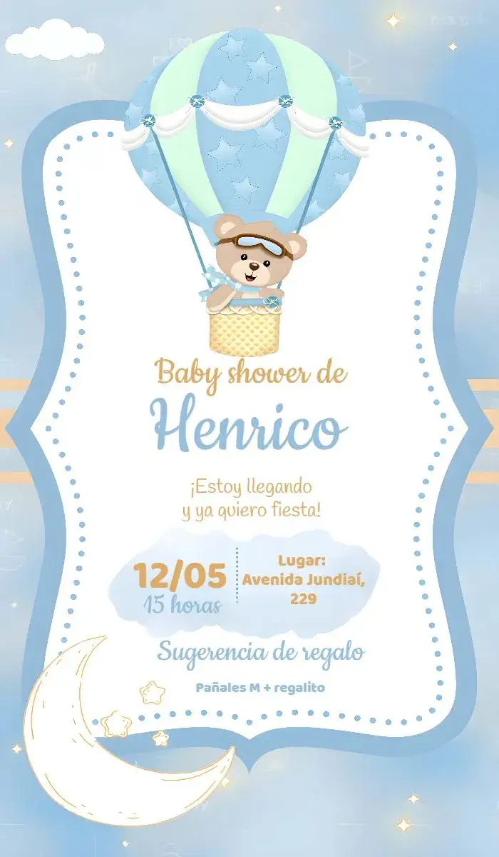 Invitación Baby Shower Oso Globos Aerostáticos Azul Globo – tema Baby Shower azul, dorado, tierno, infantil, globos, osito