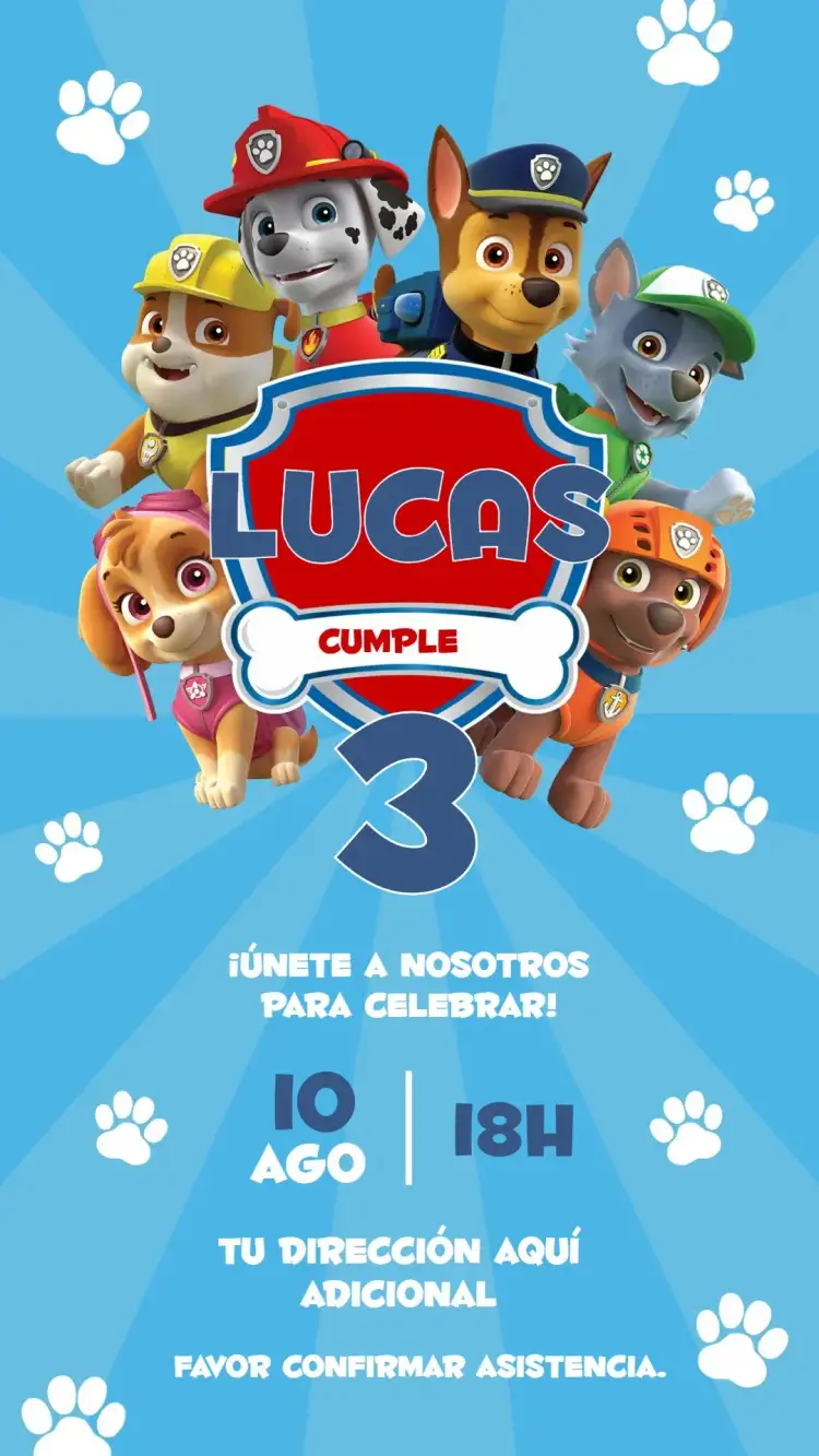 Invitación Patrulla Canina – tema Cumpleaños Infantil azul, divertido, temático, colorido, infantil
