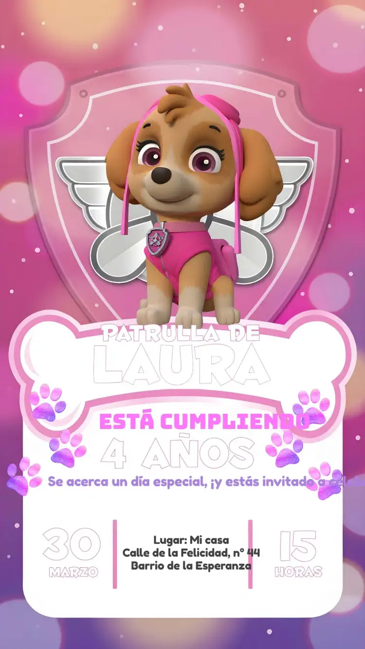 Invitación Skye Patrulla Canina Chica – tema Cumpleaños Infantil rosa, púrpura, lúdico, divertido, colorido, temático