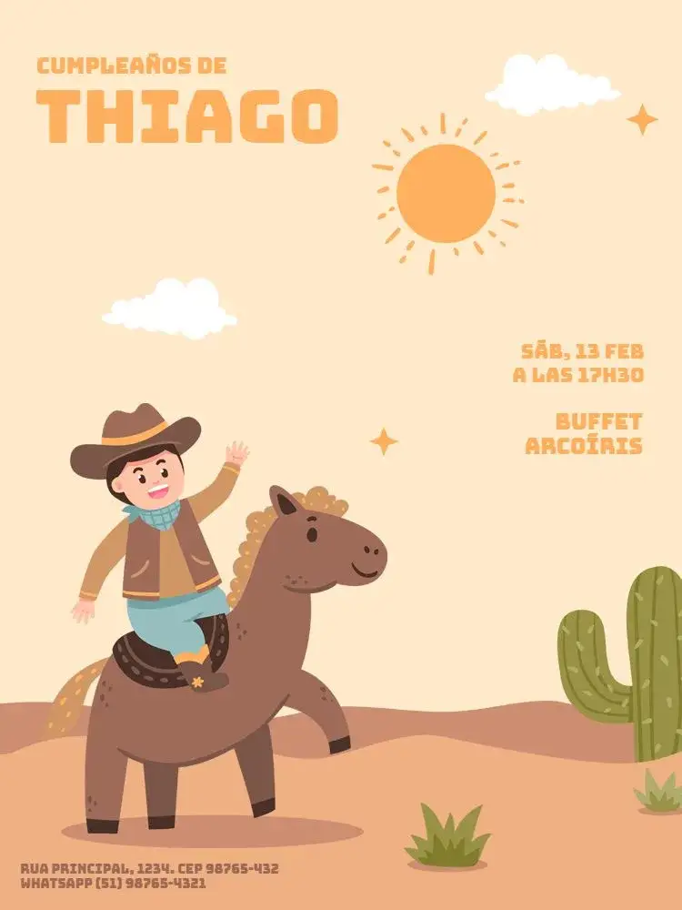 Invitación Niño Vaquero Infantil Granja Desierto