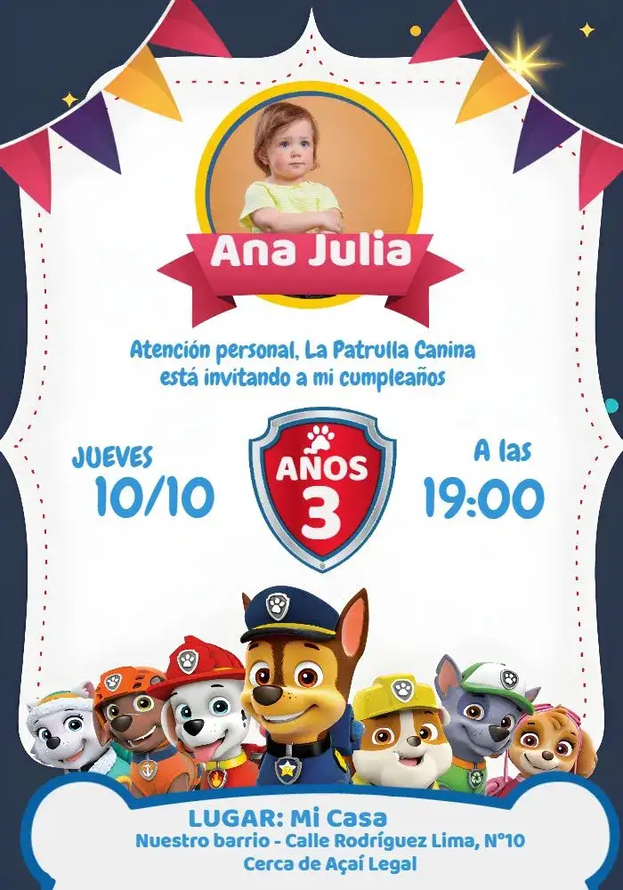 Invitación Patrulla Canina Con Foto Azul – tema Cumpleaños Infantil divertido, colorido, infantil, temático, moderno