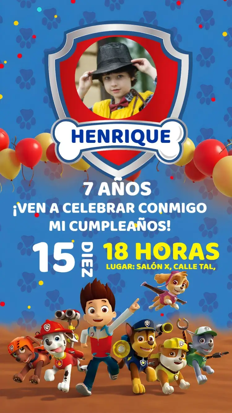 Invitación Patrulla Canina Con Foto Paw