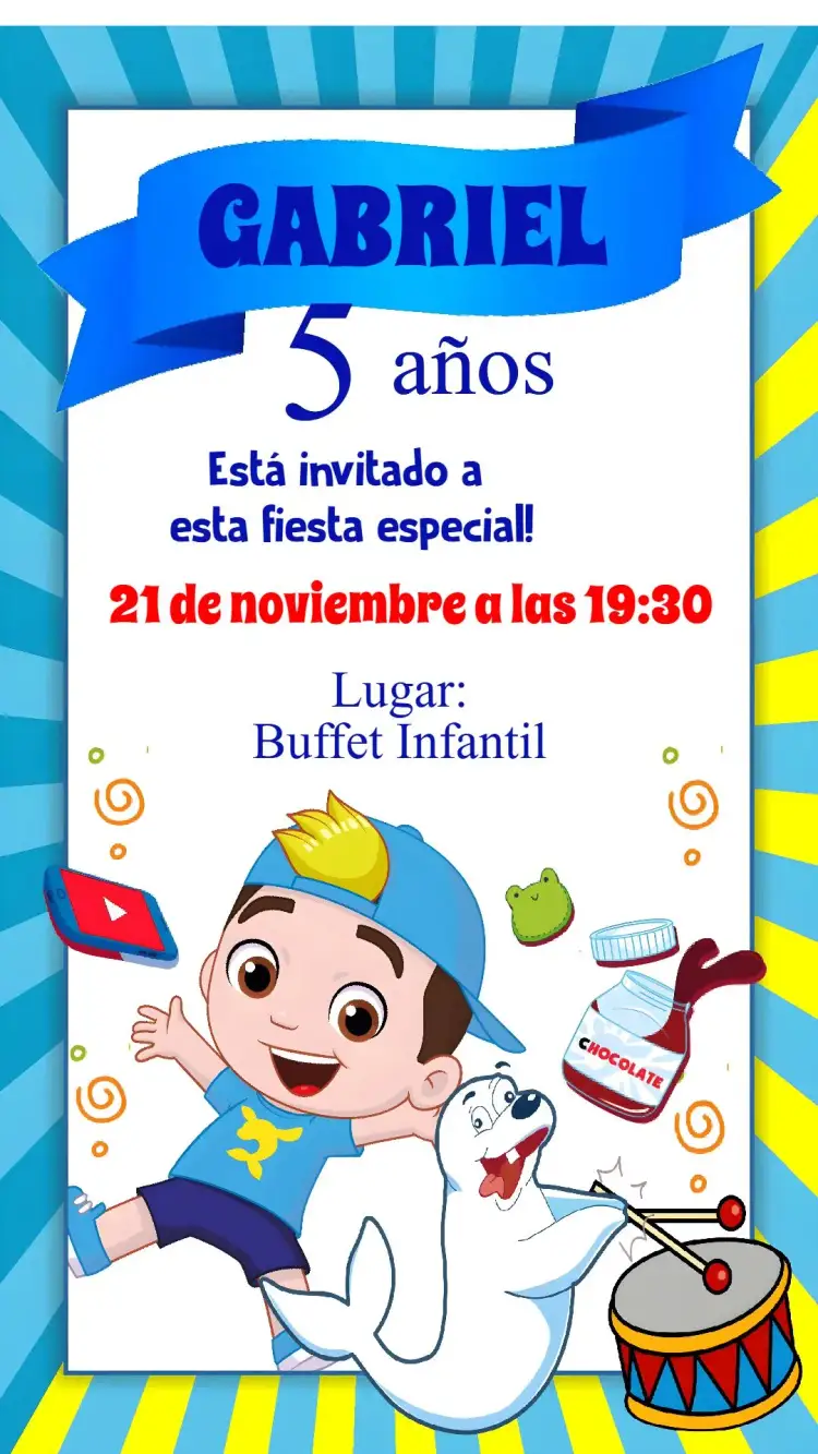 Invitación Lucas Neto – tema Cumpleaños Infantil colorido, divertido, moderno, ilustraciones infantiles, temática de superhéroes, animales adorables