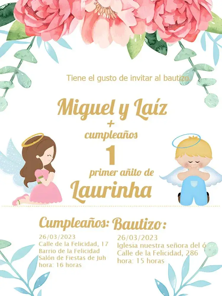 Invitación Presentación de Bautismo y Angelitos Acuarela – tema Bautismo aquarela, floral, suave, infantil, romántico, colorido