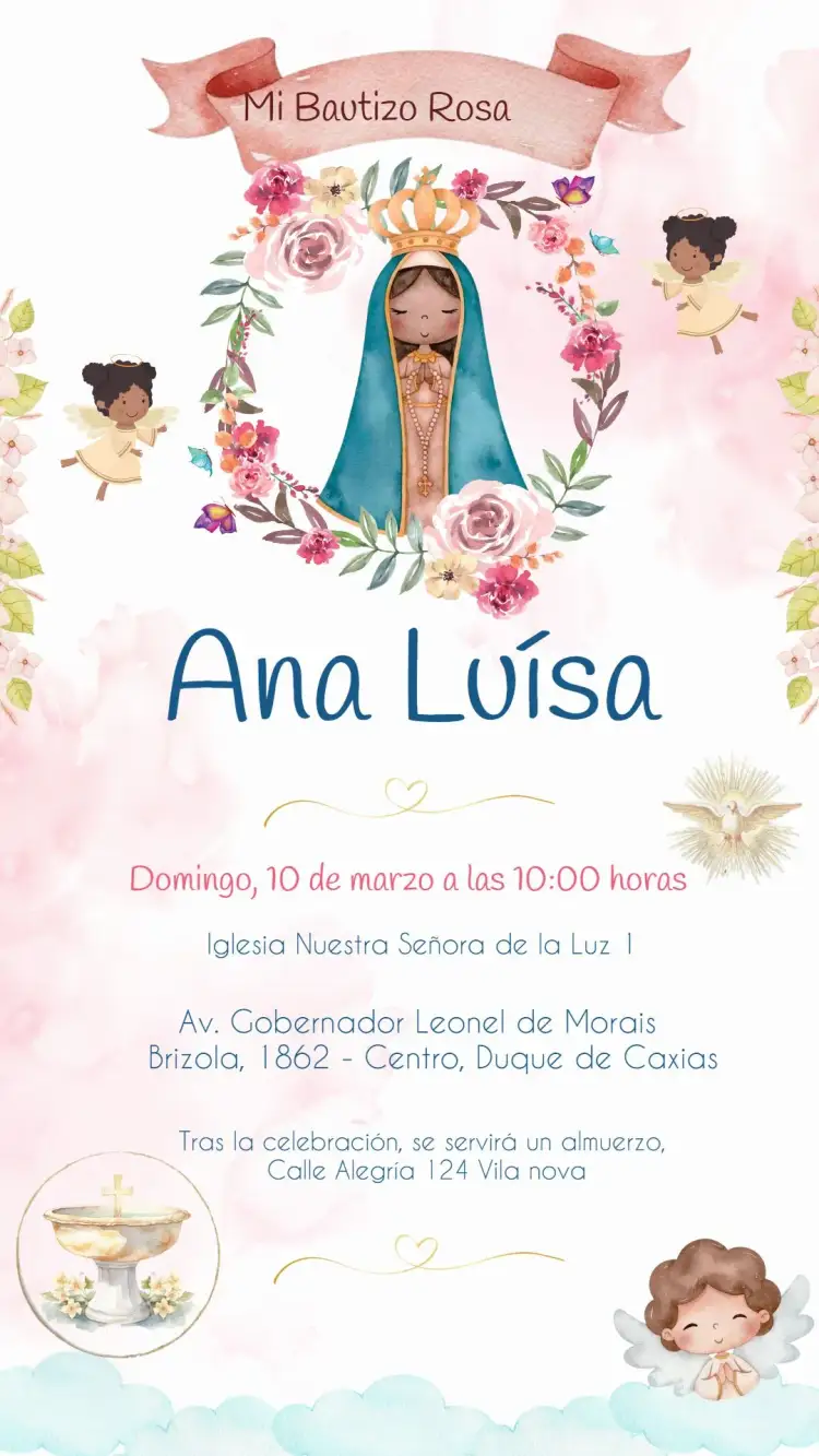 Invitación Bautizo Niña Rosa – tema Bautismo acuarela, rosa, delicado, infantil, religioso