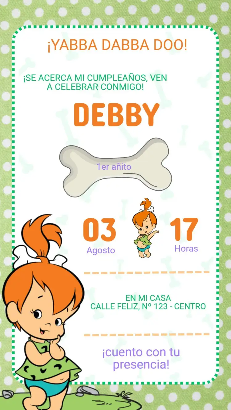 Invitación Invitación Pedrita Picapiedra – tema Cumpleaños Infantil prehistórico, vibrante, colorido, divertido, lúdico, animado