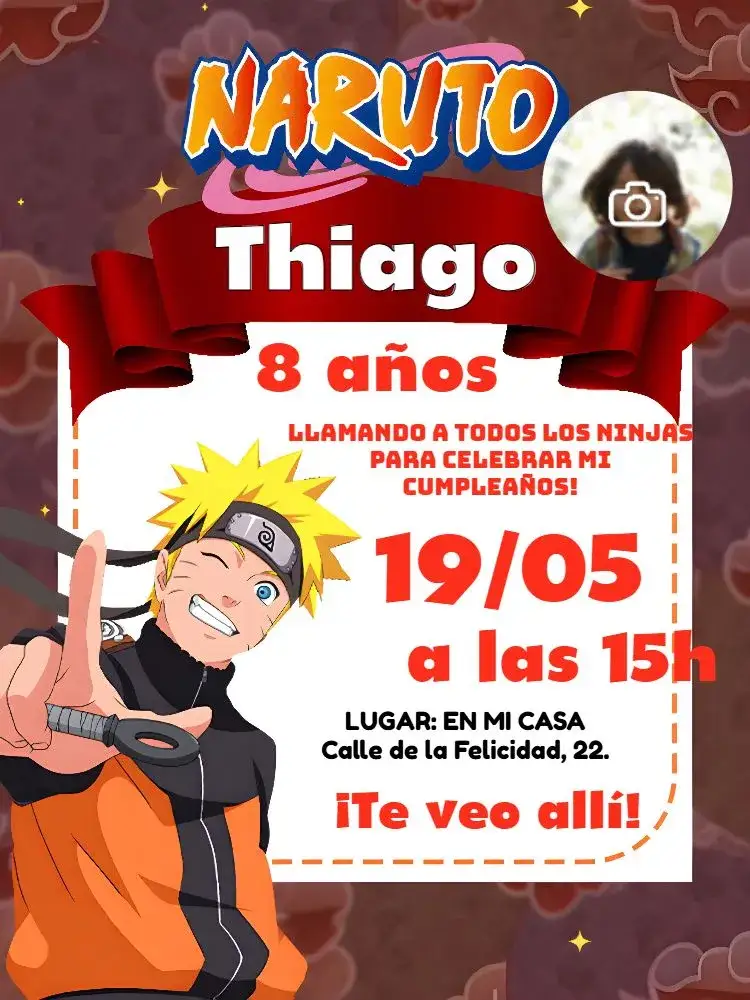 Invitación Naruto Con Foto Niño – tema Cumpleaños Infantil ninja, anime, colorido, aventura, infantil, moderno