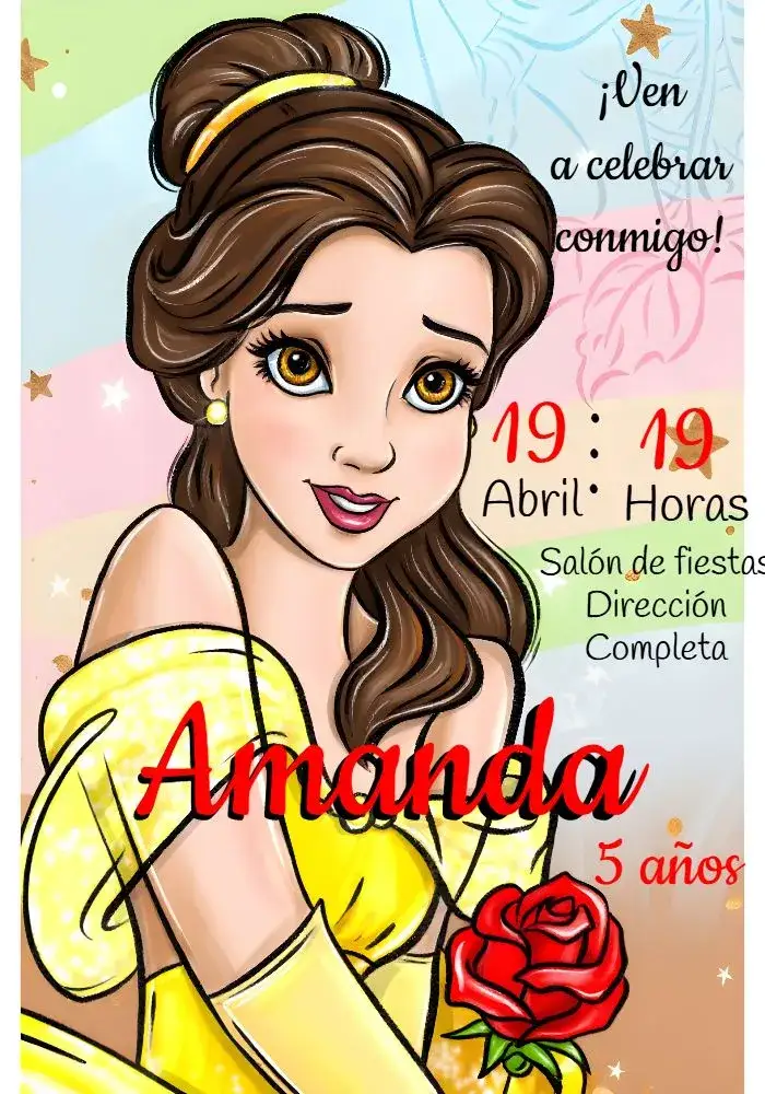 Invitación La Bella y la Bestia Amarillo – tema Bautismo amarillo, infantil, lúdico, moderno, colorido