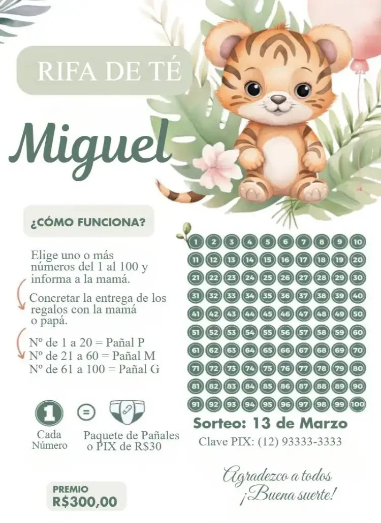 Invitación Tigrito en la Selva – tema Té Rifa salvaje, colorido, animales, safari, naturaleza