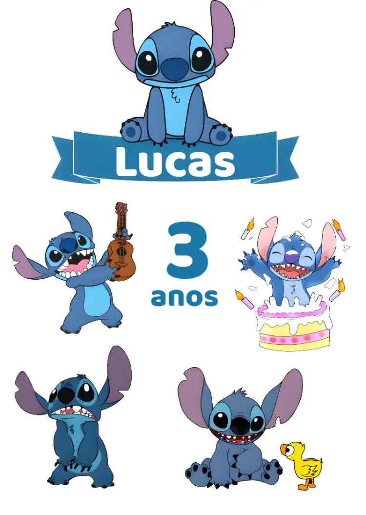 Invitación Topo De Pastel Stitch Azul – tema Topper de torta divertido, colorido, infantil, temático, cómico, animado