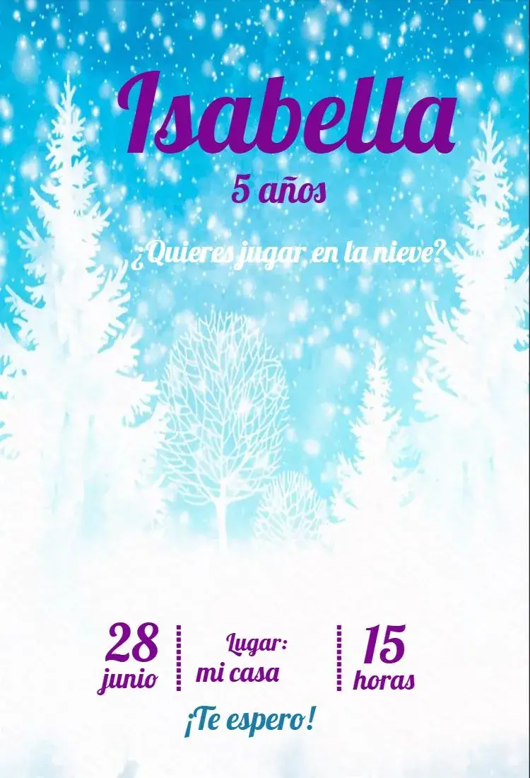 Invitación Nieve Virtual Infantil – tema Cumpleaños Infantil nieve, invierno, mágico, lúdico, colorido, divertido