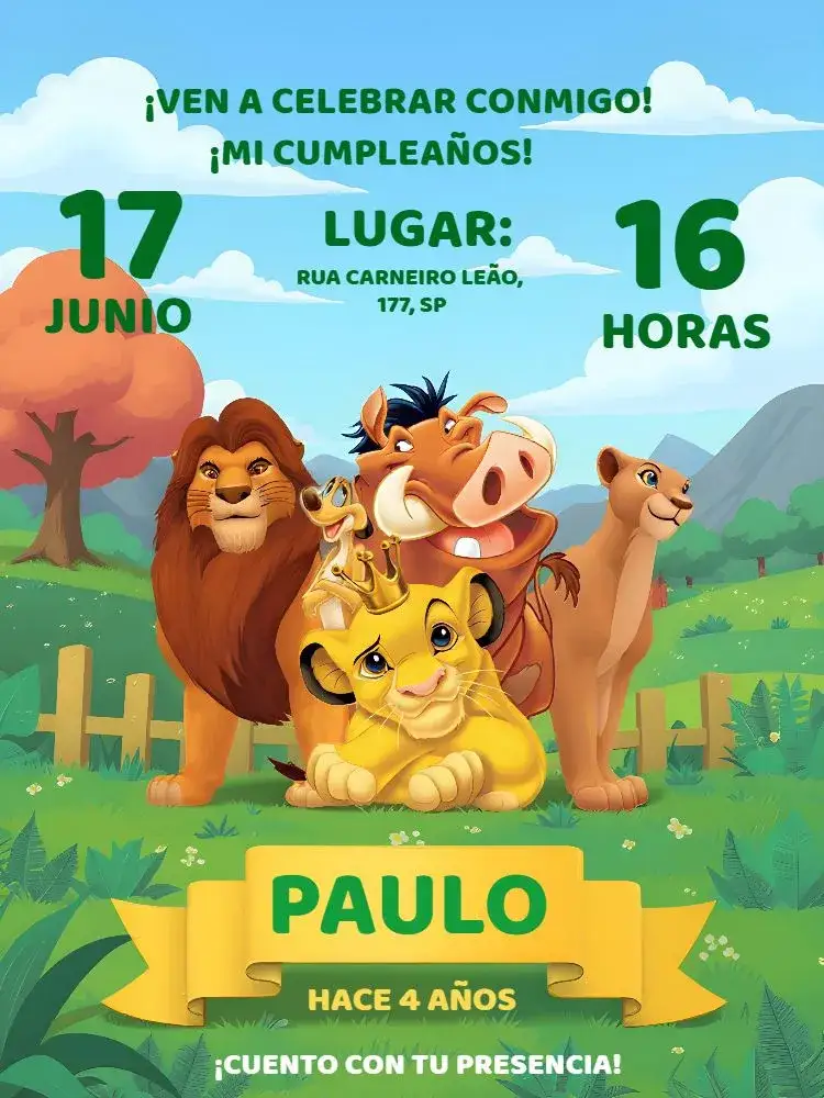 Invitación Rey León Colorido – tema Cumpleaños Infantil colorido, temático, divertido, animado, tropical, jungle