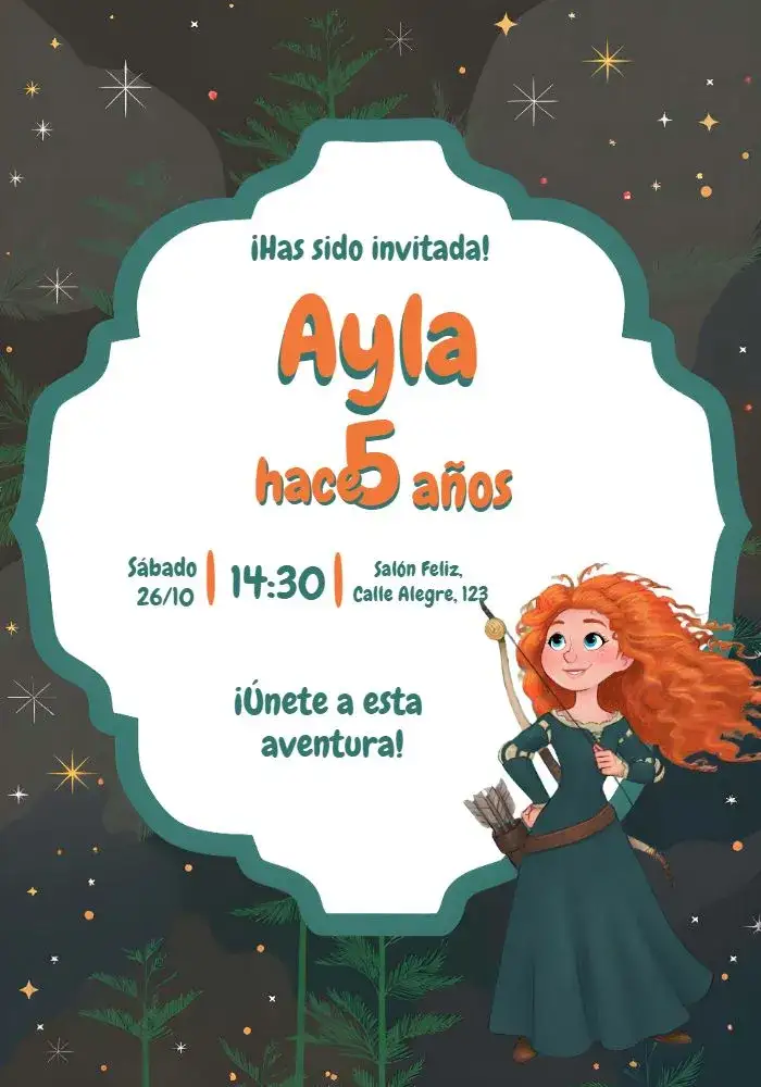 Invitación Merida Valiente Guerrera – tema Más buscados aventura, naturaleza, fuerte, colorido, mágico