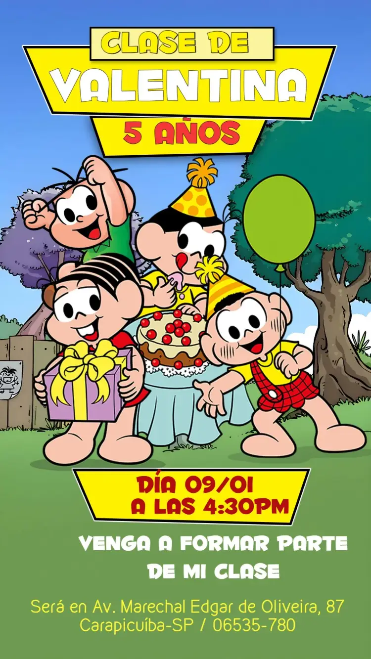 Invitación Turma Da Mónica Colorido editable y personalizable