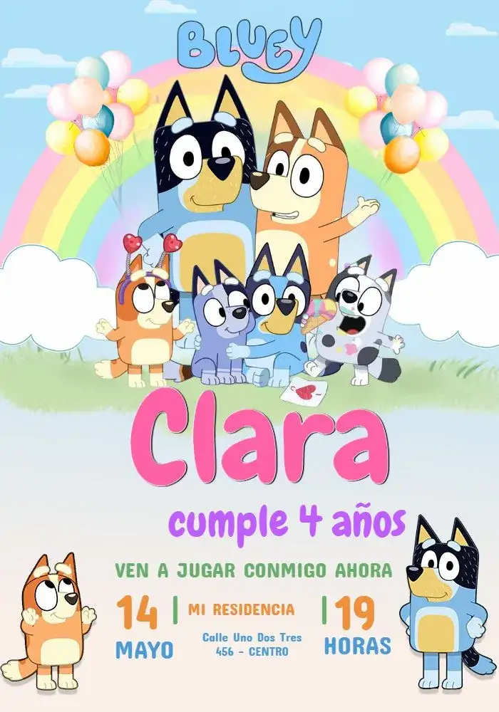 Invitación Bluey & Bingo Rosa Infantil – tema Más buscados rosa, colorido, divertido, lúdico, infantil, temático