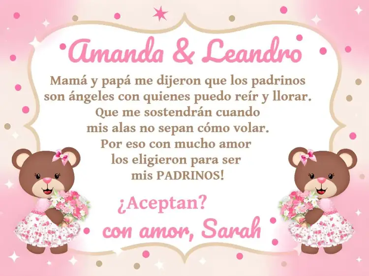 Invitación Padrinos De Bautismo Osita Angelical