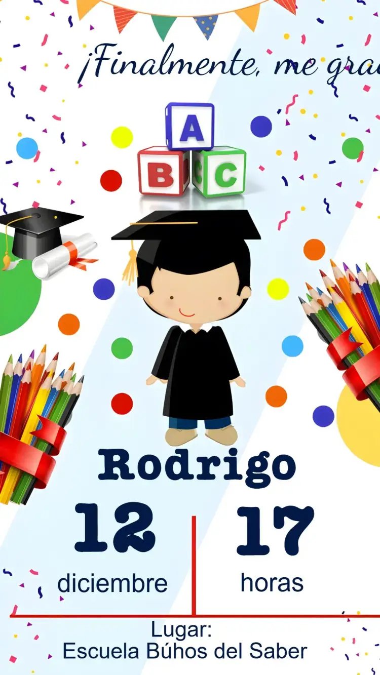 Invitación Graduación – tema Graduación colorido, moderno, divertido, escolar, animado, jovial