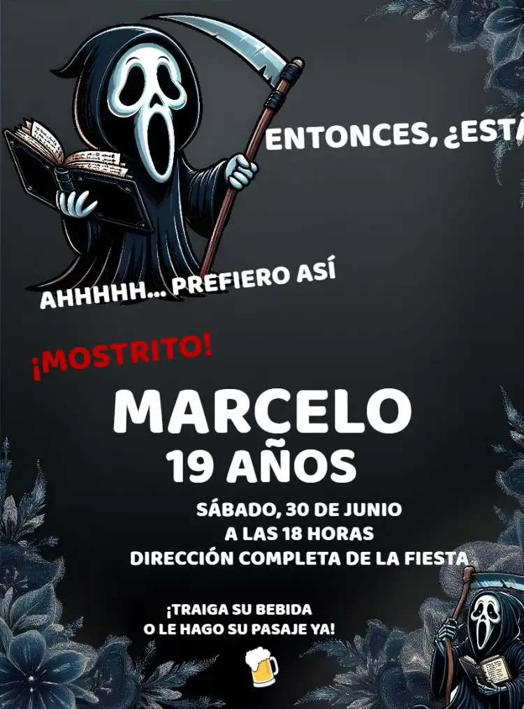 Invitación Amostradinho Dona Morte Meme Bebida – tema Cumpleaños colorido, divertido, moderno, divertido, ilustración, cultural