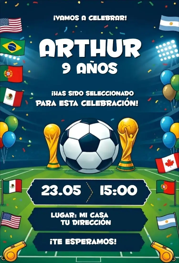 Invitación Copa del mundo 5 editable y personalizable