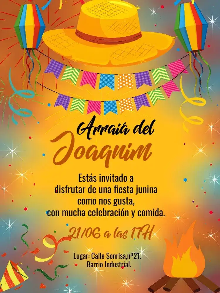 Invitación Arraiá Preto – tema Fechas Conmemorativas festivo, colorido, moderno, temático, vibrante, tradicional