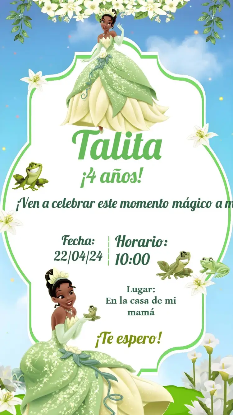 Invitación Princesa Tiana Verde – tema Más buscados verde, tema forestal, temática de Disney, colorido, mágico
