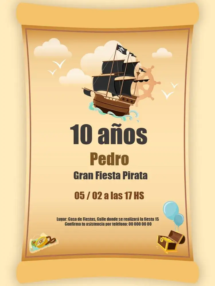 Invitación Pirata Tesoro – tema Cumpleaños Infantil pirata, aventura, infantil, colorido, marítimo, fantasía