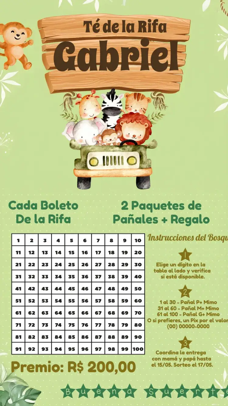 Invitación Té Rifa Safari Dorado – tema Más buscados safari, dorado, verde, selva, moderno, divertido