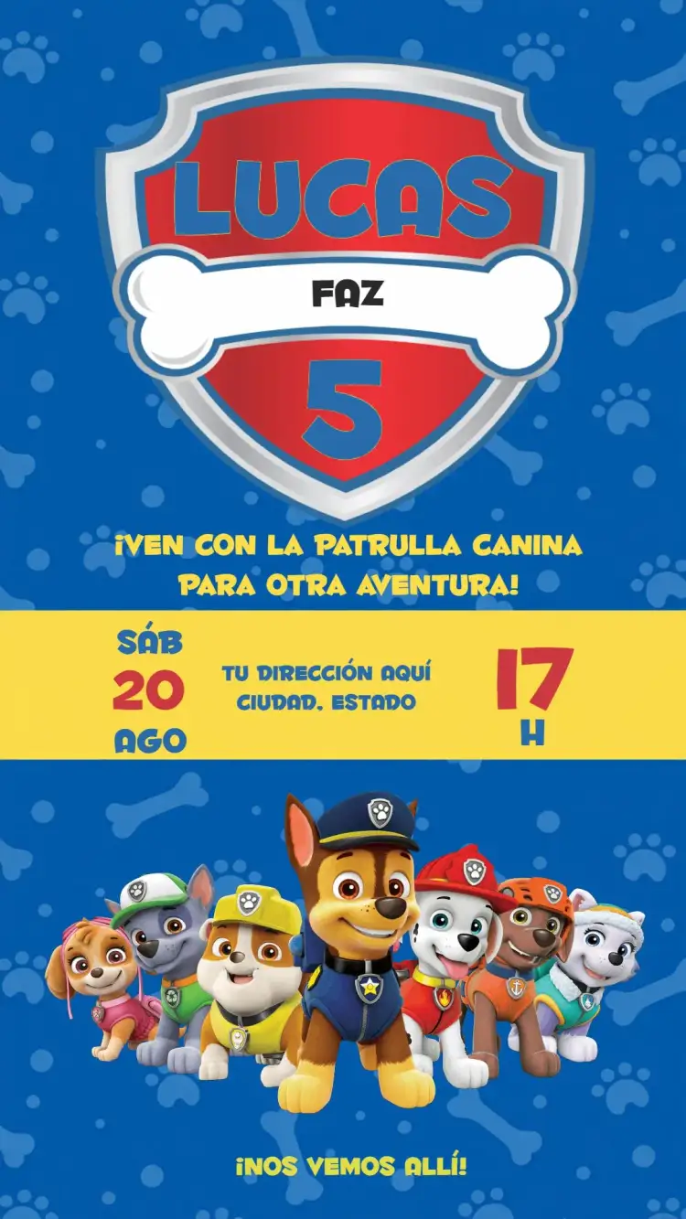 Invitación Patrulla Canina Paw – tema Cumpleaños Infantil colorido, temático, infantil, divertido, lúdico