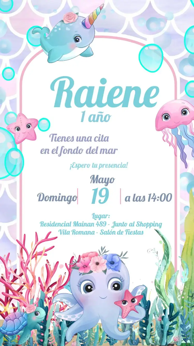 Invitación Fondo Del Mar Acuarela – tema Cumpleaños Infantil acuarela, mundo marino, colores pasteles, estilo lúdico, sirenas, elementos acuáticos