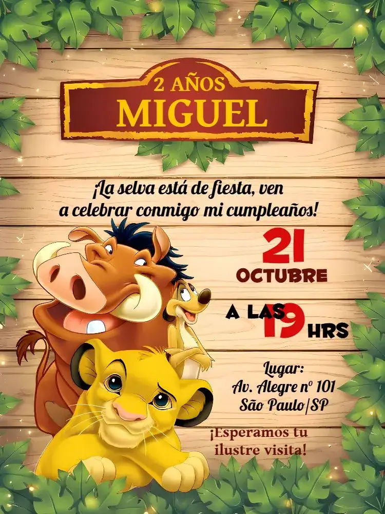 Invitación Rey León Disney – tema Cumpleaños Infantil colorido, divertido, savana africana, temática Disney, ilustraciones animadas, estilo cartoon
