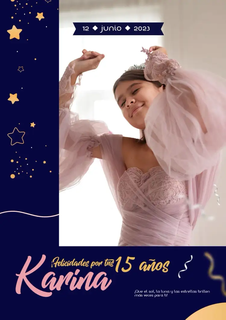 Invitación Cartel De 15 Años Con Foto Oscuro – tema Cumpleaños Infantil delicado, juvenil, estrellado, azul y rosa, lúdico