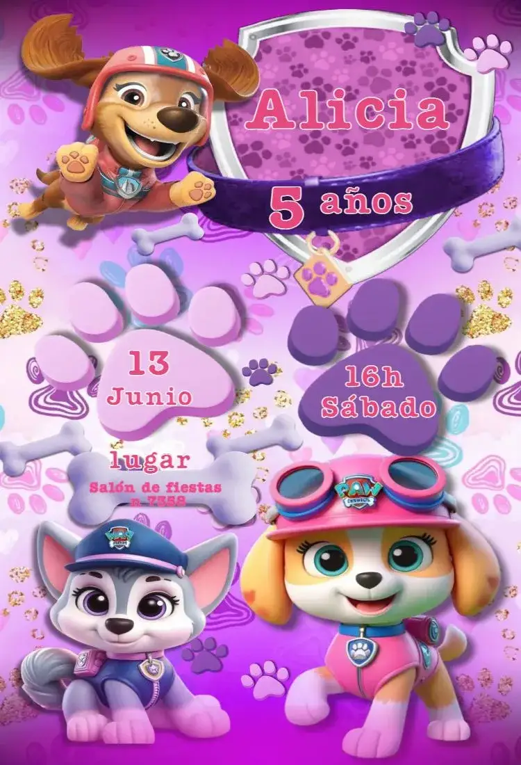 Invitación Invitación Digital skye – tema Tarjeta colores suaves, estilo infantil, elementos gráficos de la patrulla canina, diseño vibrante, tema de fiesta, alegría y diversión