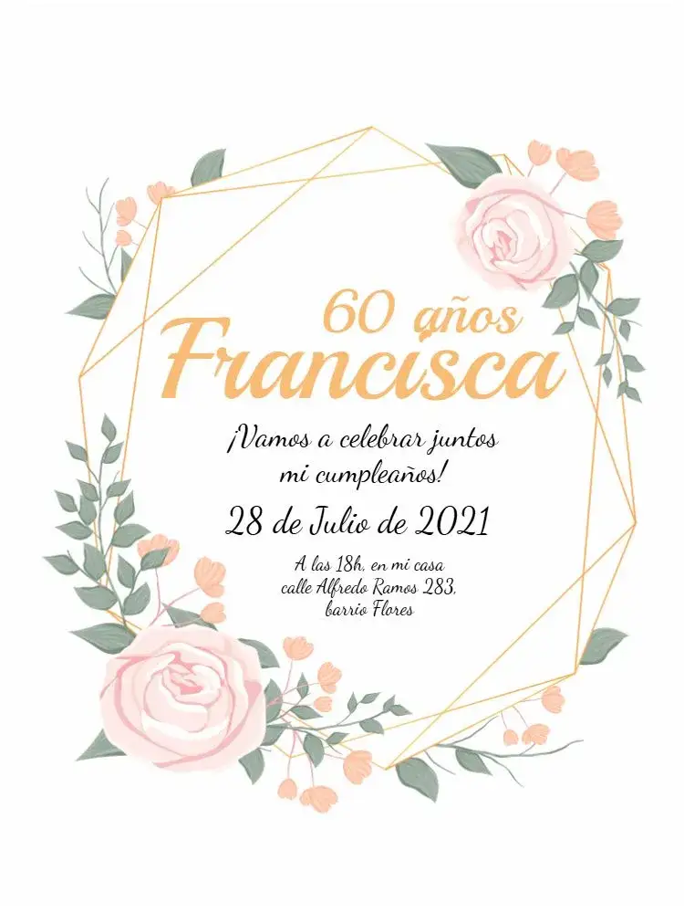 Invitación 60 Años Floral 50 – tema 15 años floral, dorado, rosa, verde, elegante, moderno