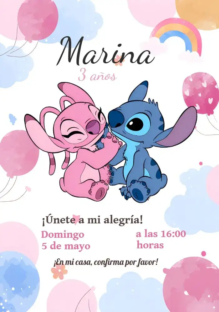 Invitación Stitch Y Angel Iris – tema Más buscados colorido, infantil, floral, divertido, temático
