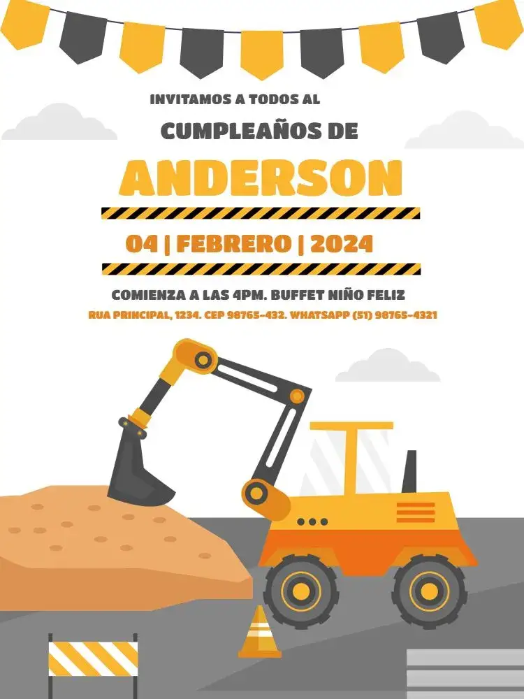Invitación Tractor Amarillo Niño – tema Cumpleaños Infantil lúdico, construcción, amarillo, blanco, divertido