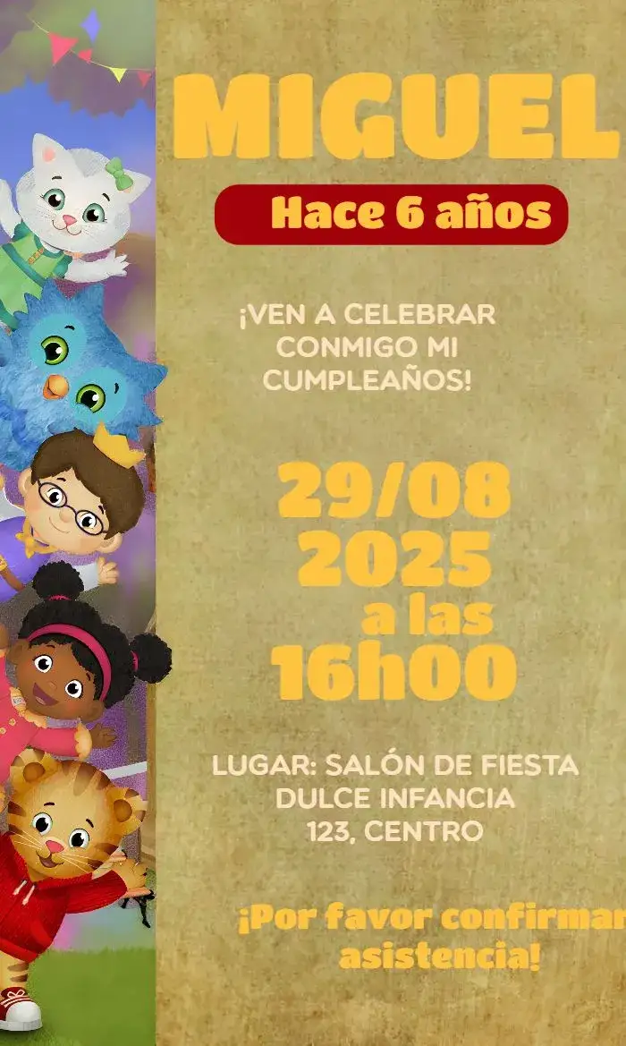 Invitación Daniel Tiger Amarillo – tema Bautismo infantil, colorido, divertido, lúdico, moderno