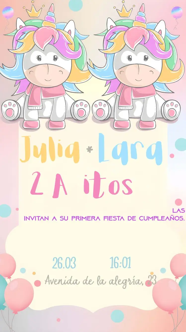 Invitación Gemelas Unicornio Enviar – tema Fechas Conmemorativas colorido, pastel, de fantasía, mágico, infantil, divertido